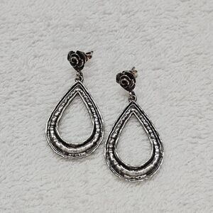 Or Paz PZ ISRAEL 925 Oxidized Hammered Silver Rose Flower Teardrop Post Earrings